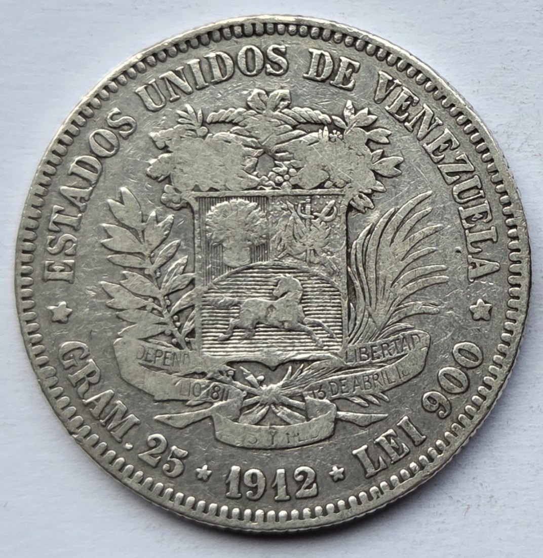  Venezuela: 5 Bolivares 1912, 22,5 g Feinsilber   
