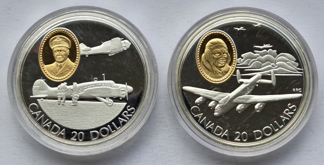  Kanada: 2 x 20 Dollars Luftfahrt 1990, zusammen 57,5 g Feinsilber   