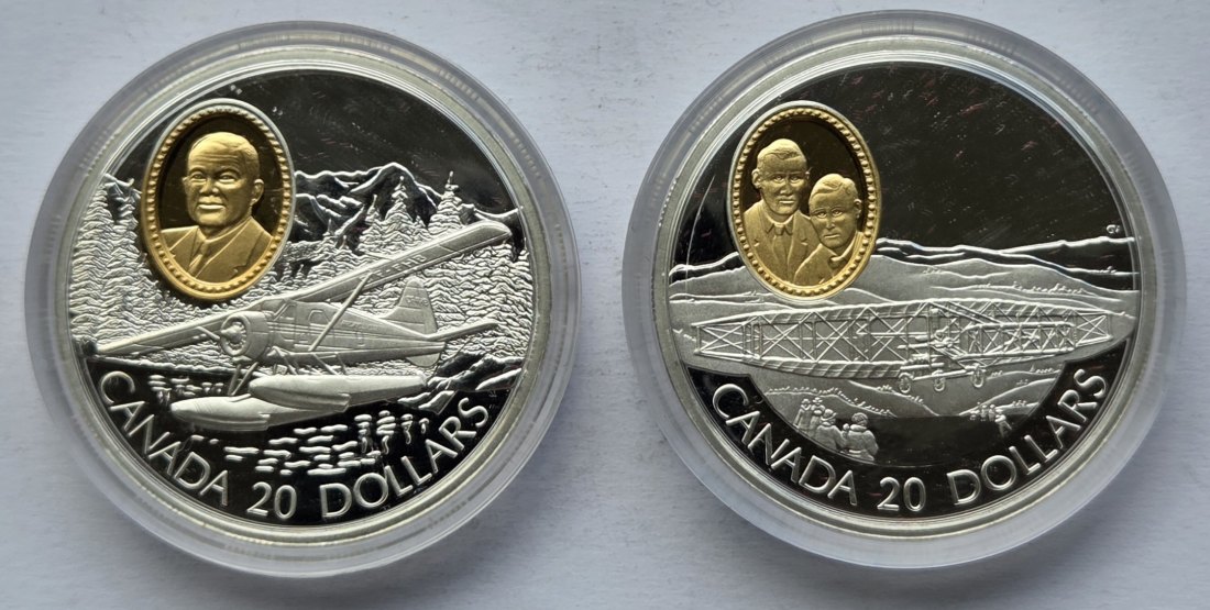  Kanada: 2 x 20 Dollars Luftfahrt 1991, zusammen 57,5 g Feinsilber   