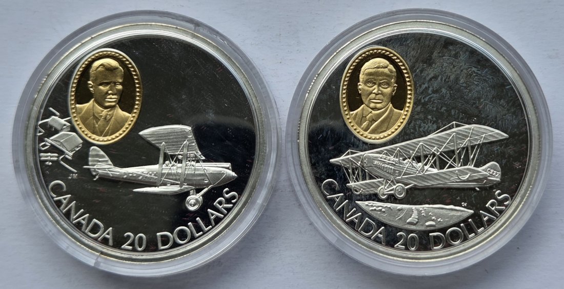  Kanada: 2 x 20 Dollars Luftfahrt 1992, zusammen 57,5 g Feinsilber   
