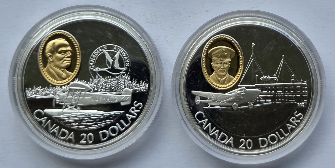  Kanada: 2 x 20 Dollars Luftfahrt 1993, zusammen 57,5 g Feinsilber   