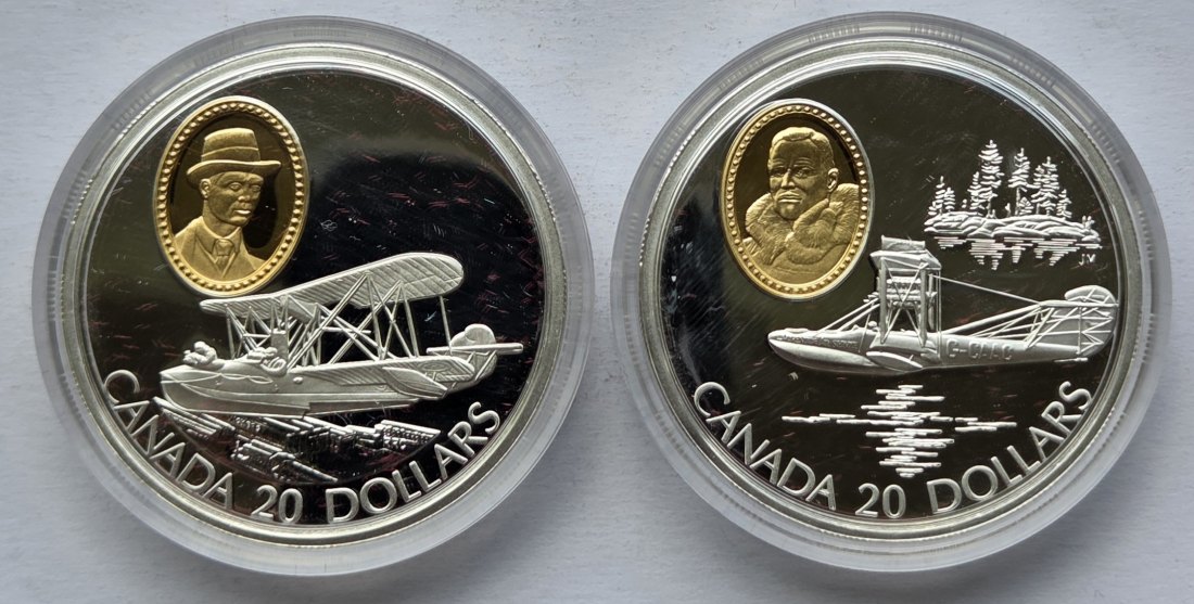  Kanada: 2 x 20 Dollars Luftfahrt 1994, zusammen 57,5 g Feinsilber   