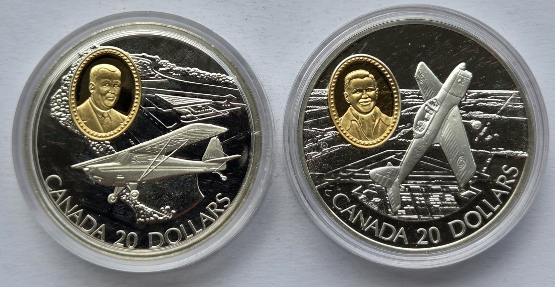  Kanada: 2 x 20 Dollars Luftfahrt 1995, zusammen 57,5 g Feinsilber   