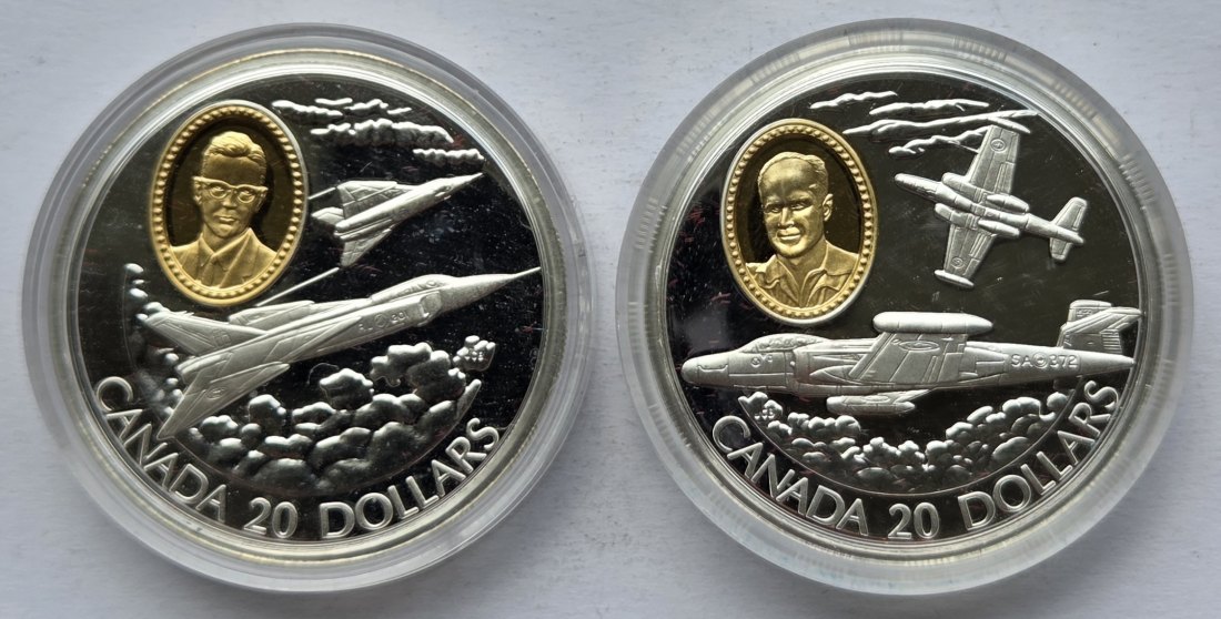  Kanada: 2 x 20 Dollars Luftfahrt 1996, zusammen 57,5 g Feinsilber   