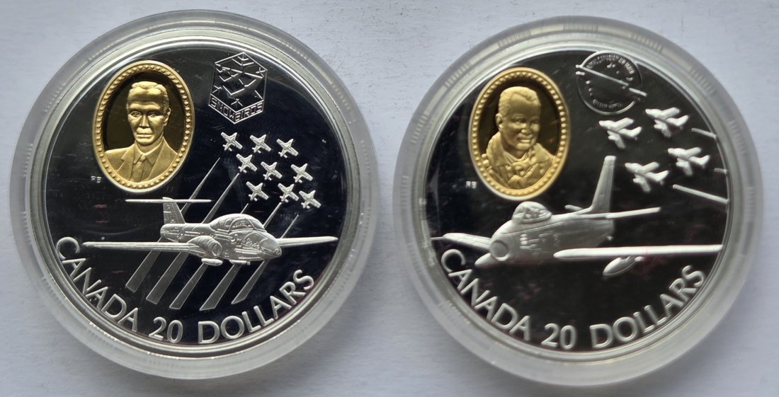  Kanada: 2 x 20 Dollars Luftfahrt 1997, zusammen 57,5 g Feinsilber   