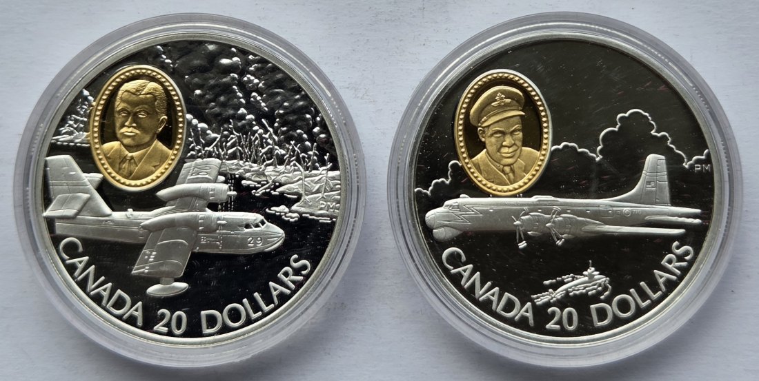  Kanada: 2 x 20 Dollars Luftfahrt 1998, zusammen 57,5 g Feinsilber   