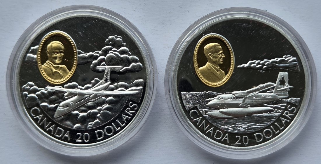  Kanada: 2 x 20 Dollars Luftfahrt 1999, zusammen 57,5 g Feinsilber   