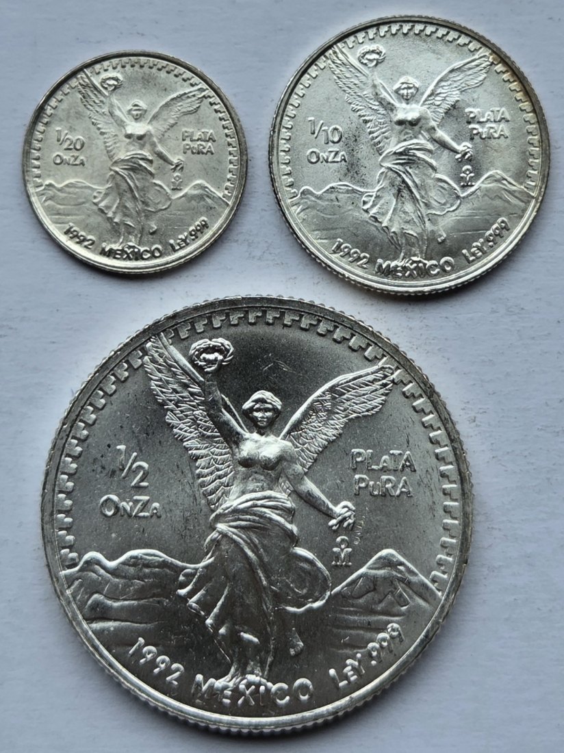  Mexiko: 1/20 + 1/10 + 1/2 Silberunze Libertad 1992, zusammen 20,2 g Feinsilber   