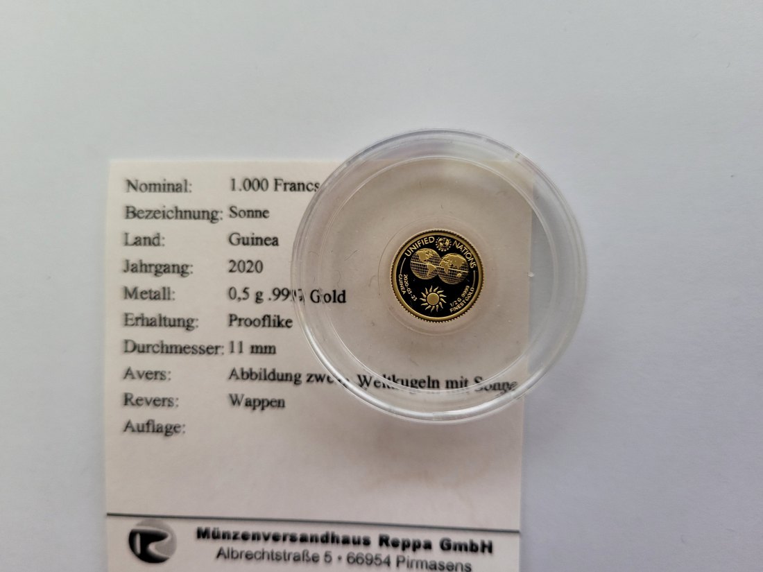  1000 Francs 2020 Sonne Unified Nation Goldmünze 0,5g 9999 Guinea Spittalgold9800 (5525   