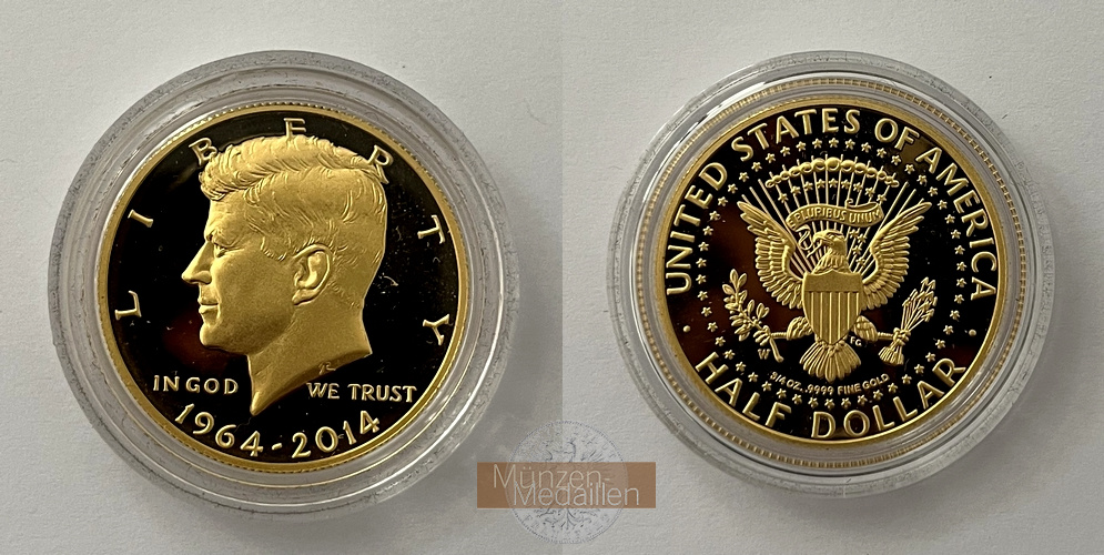 USA 2014 Kennedy Half Dollar Gold Proof 50th Anniversary MM-Frankfurt Feingold: 23,3g
