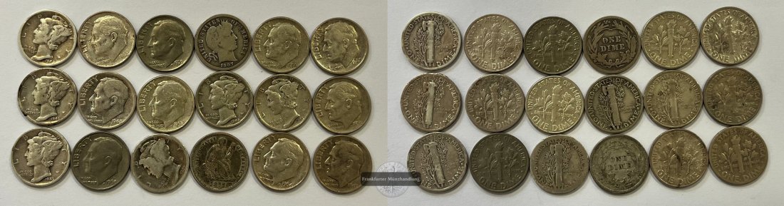  USA 18x 1 Dime 1877-1970 LOT FM-Frankfurt Feinsilber: 39,3g   
