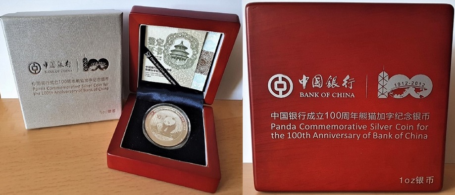  China - 10 Yuan Panda 2012 * 100TH ANNIVERSARY BANK OF CHINA *, 1oz Silber in OVP   