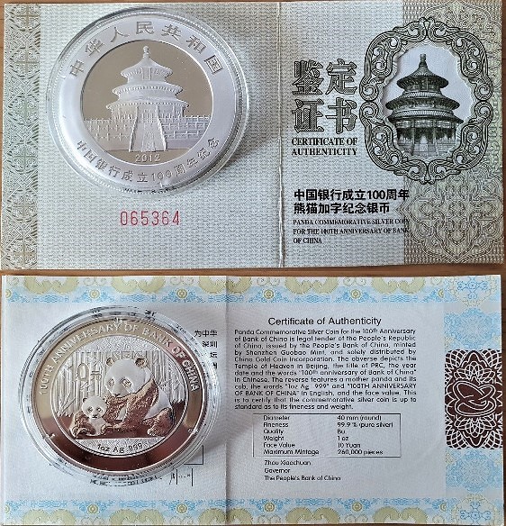  China - 10 Yuan Panda 2012 * 100TH ANNIVERSARY BANK OF CHINA *, 1oz Silber in OVP   