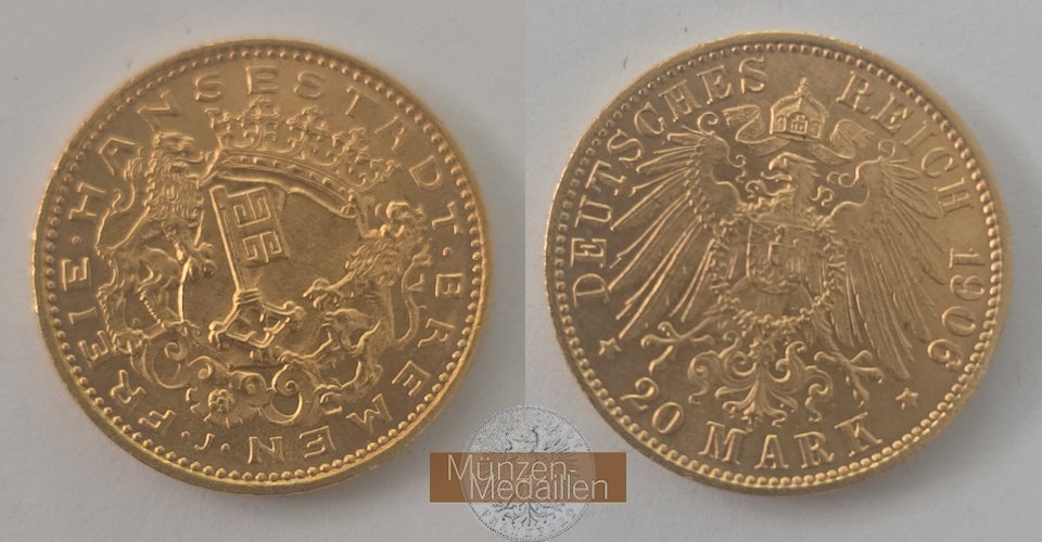 Deutsches Kaiserreich. Bremen MM-Frankfurt Feingold: 7,17g 20 Mark 1906 J 