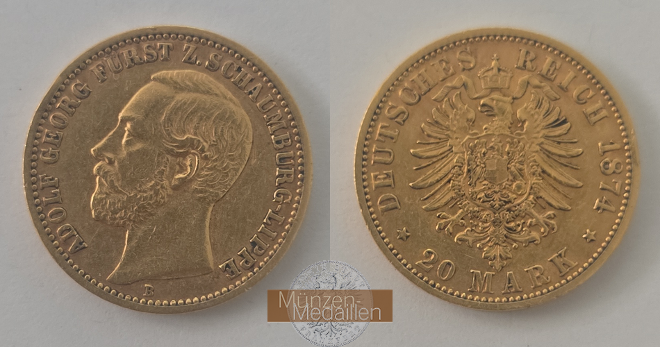 Deutsches Kaiserreich, Schaumburg-Lippe. MM-Frankfurt Feingold: 7,17g 20 Mark 1874 B  