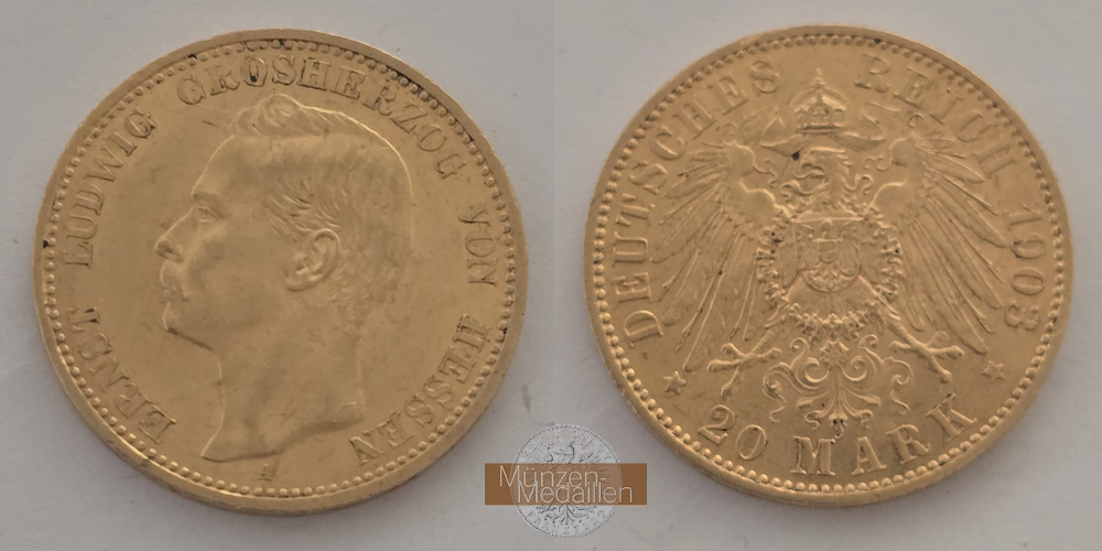 Deutsches Kaiserreich. Hessen, MM-Frankfurt KM#371 Feingold: 7,17g Ernst Ludwig. 20 Mark 1903 A 