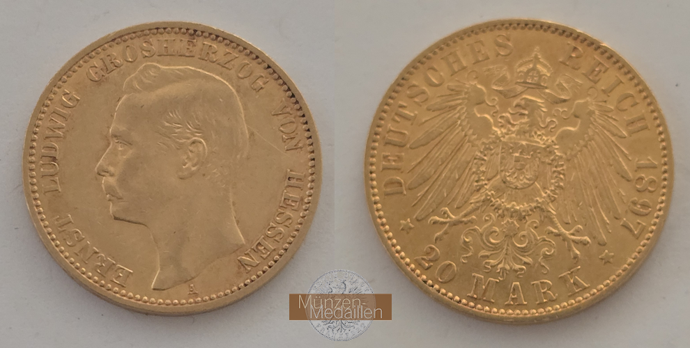 Deutsches Kaiserreich. Hessen MM-Frankfurt Feingewicht: 7,17g Ernst Ludwig Grosherzog 20 Mark 1897 A 