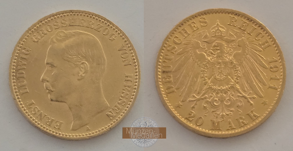 Deutsches Kaiserreich. Hessen MM-Frankfurt Feingold: 7,17g Ernst Ludwig Großherzog 20 Mark 1911 A 