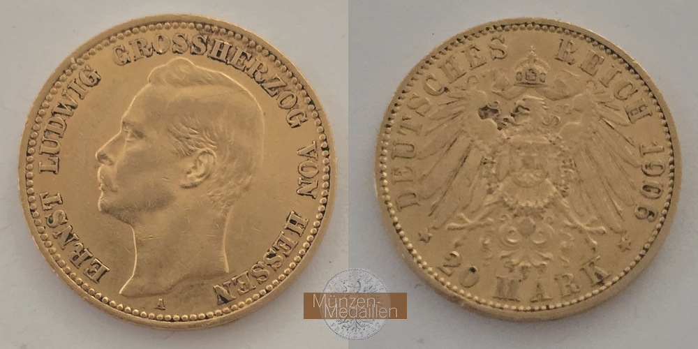 Deutsches Kaiserreich. Hessen, MM-Frankfurt Feingold: 7,17g Ernst Ludwig Großherzog 20 Mark 1906 A 