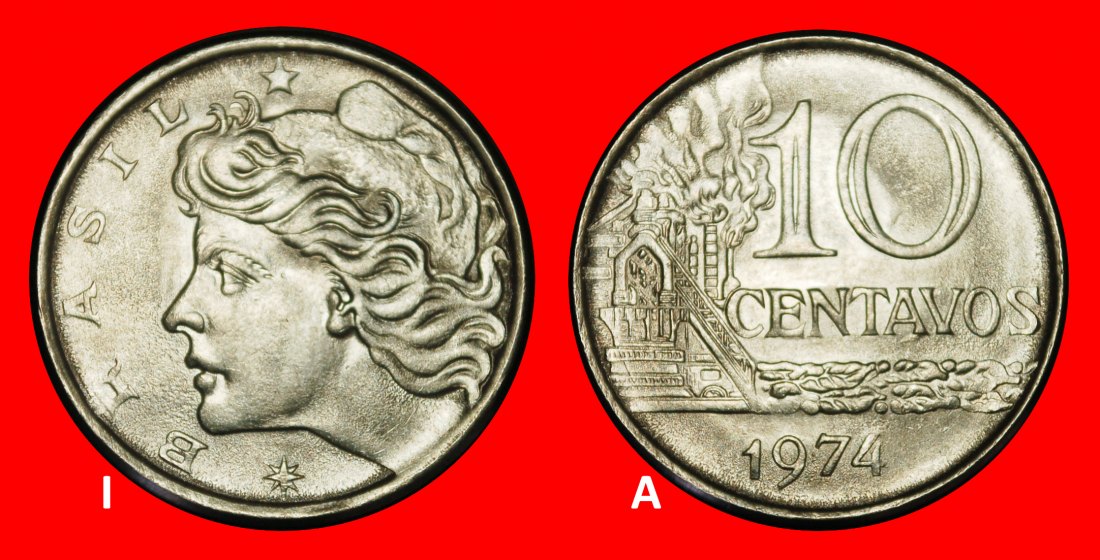 Ⰺ EFFIGY (1967-1979): BRAZIL ★ 10 CENTAVOS 1974! DISCOVERY COIN! UNC LUSTRE!★LOW START ★ NO RESERVE!