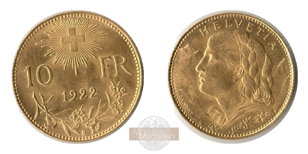  Schweiz. HELVETIA - 10 Francs 1922 B.  MM-Frankfurt  KM#36  Feingold: 2,907g   