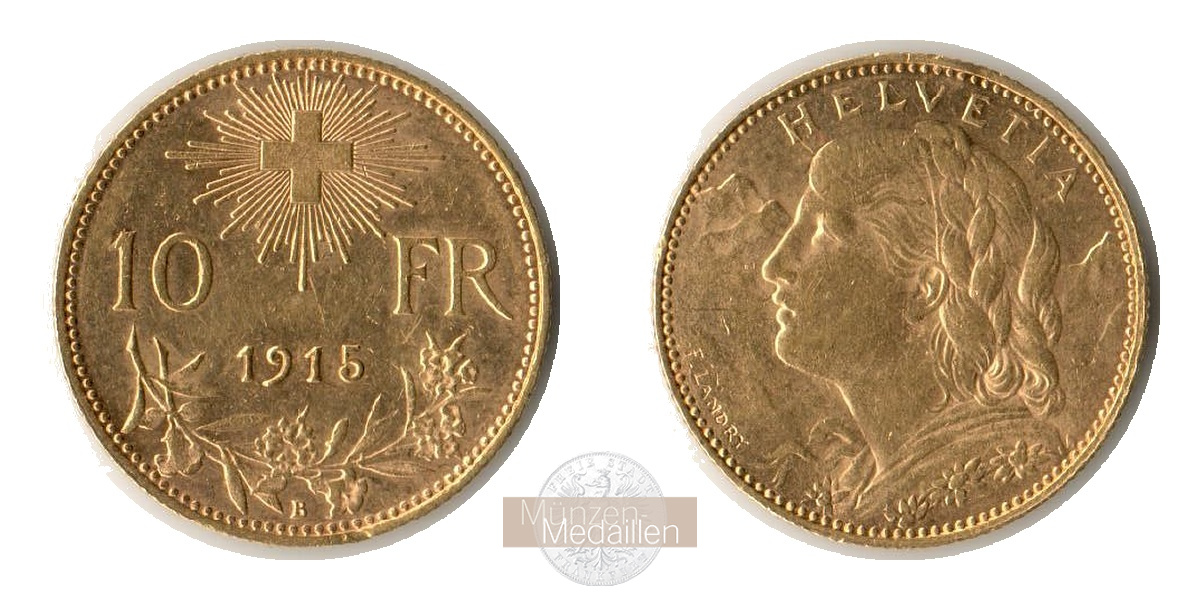  Schweiz 10 Francs 1915 (1911-1922) B Helvetia MM-Frankfurt KM#36 Feingold: 2,9g   