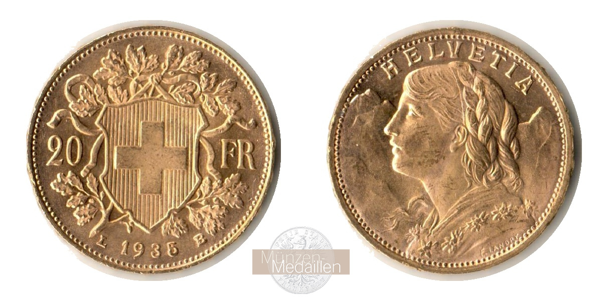  Schweiz 20 Francs Vreneli 1935 B (1897-1949) MM-Frankfurt KM#35 Feingold: 5,805g   