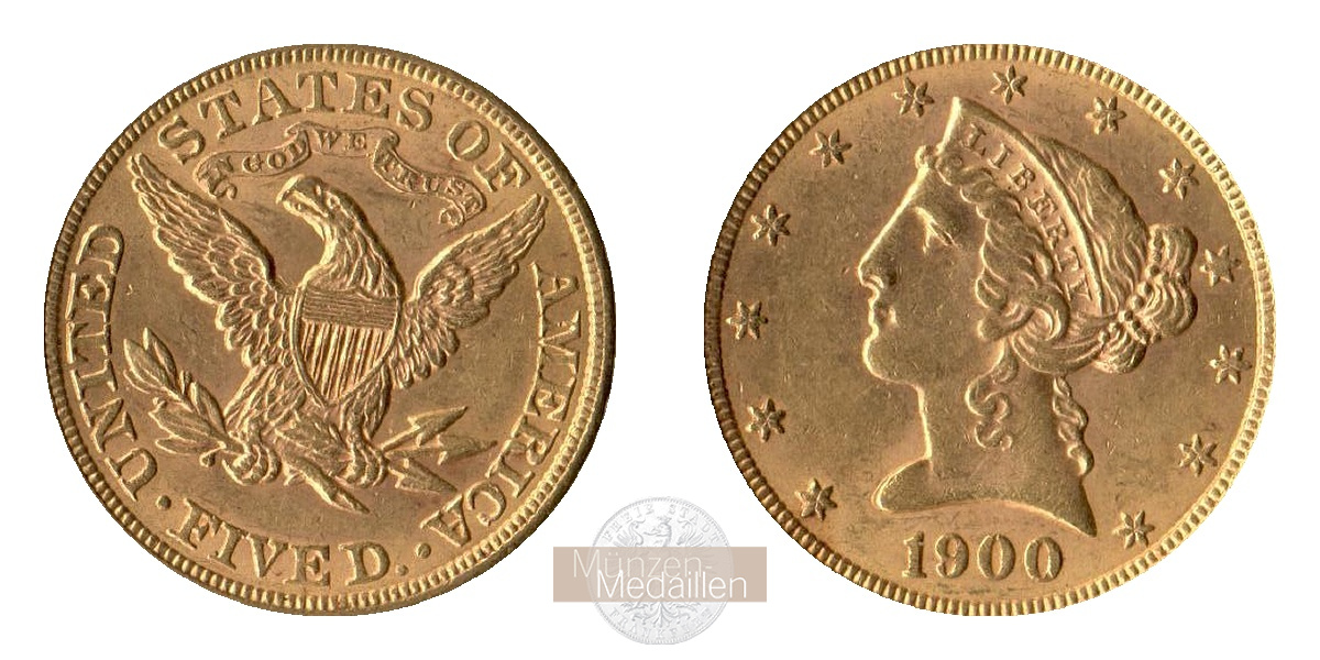 USA  5 Dollar MM-Frankfurt Feingold: 7,5g Liberty 1900 