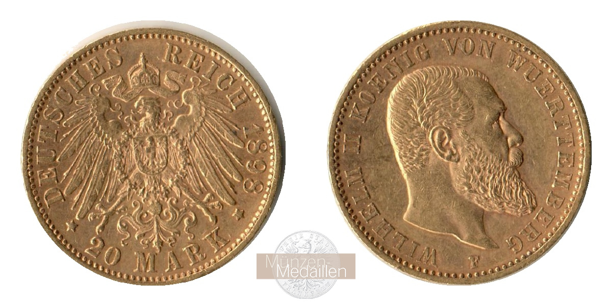 Württemberg, Kaiserreich  20 Mark MM-Frankfurt Feingold: 7,17g Wilhelm II (1891-1918) 1898 F 