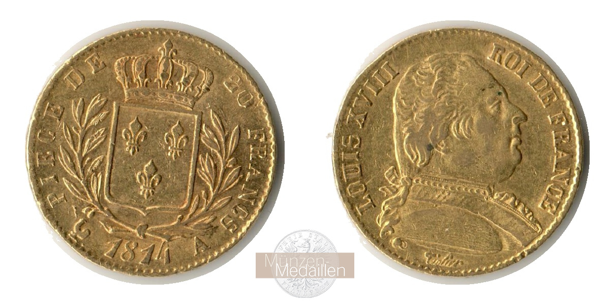 Frankreich  20 Francs MM-Frankfurt   Feingold: 5,81g Ludwig XVIII 1814 A 