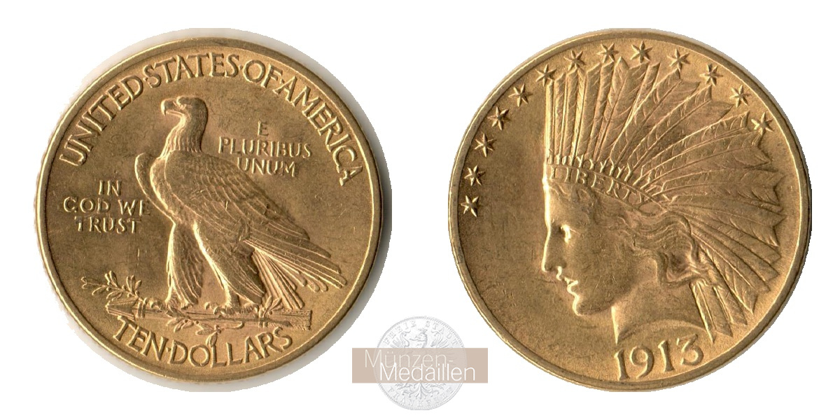  USA 10 Dollar Eagle Indian Head 1913 KM#130 MM-Frankfurt Feingold: 15,05g   