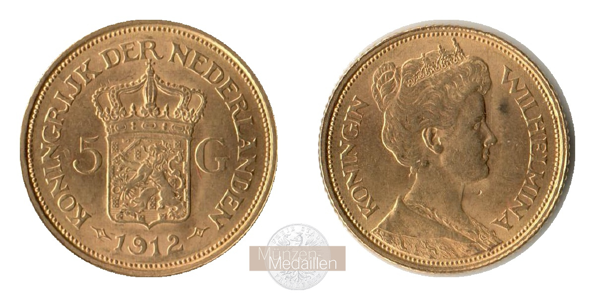 Niederlande, Wilhelmina MM-Frankfurt KM#151 Feingold: 3,02g 5 Gulden 1912 