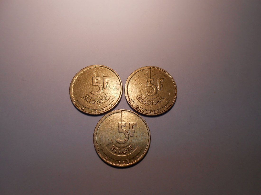 hn7 / Belgien, 3er Lot, 5 Francs 1986+1986 Belgique (KM# 163), 5 Francs 1986 Belgie (KM# 164)