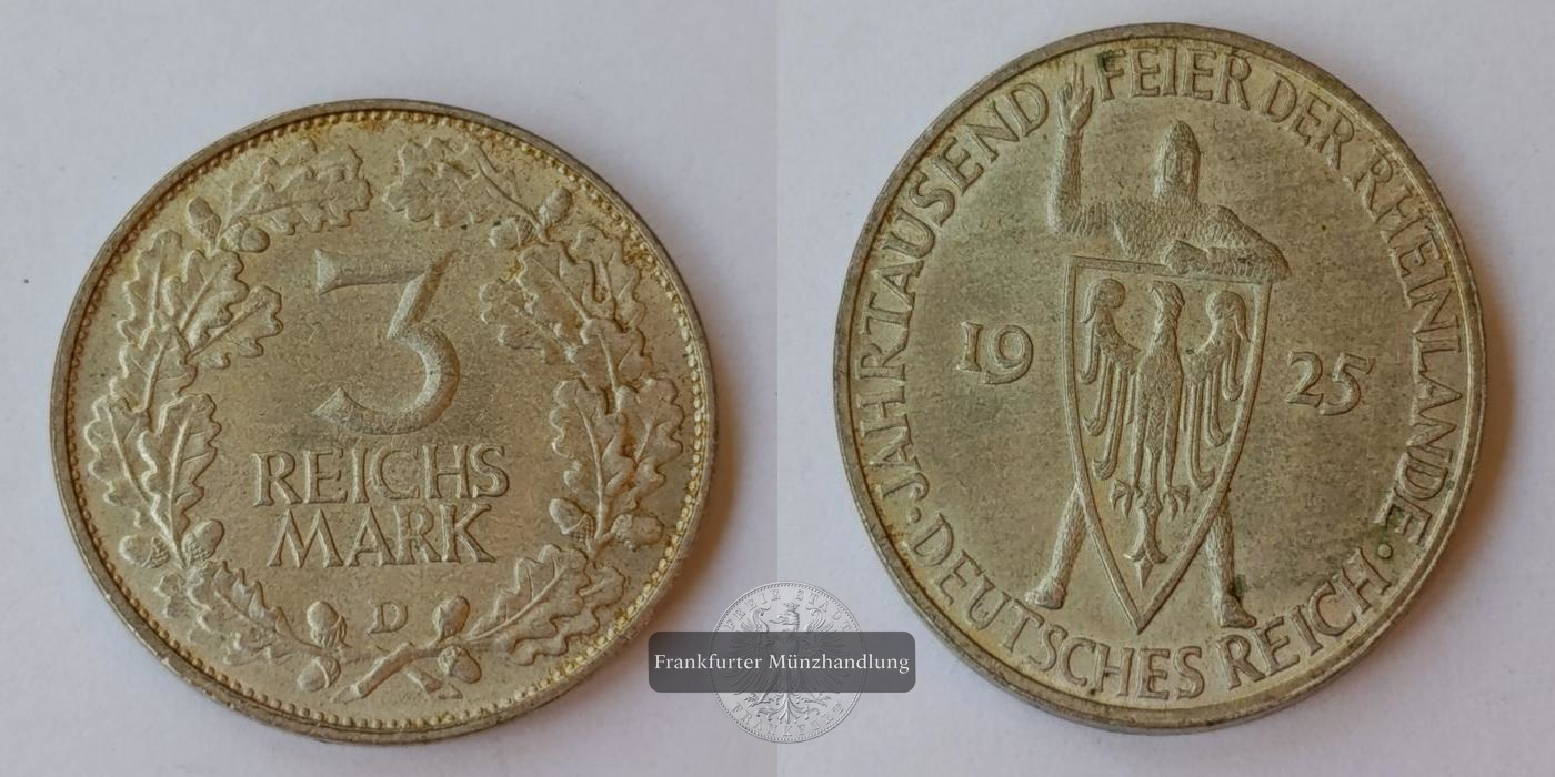  Deutschland 3 Reichsmark 1925 Rheinland 'D' FM-Frankfurt KM#46 Feinilber: 14,94g   