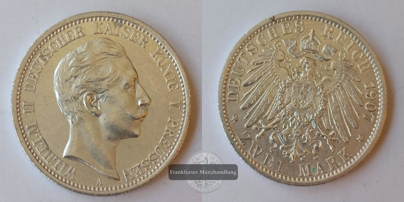  Deutsches Kaiserreich 2 Mark 1907 A Wilhelm II. Preussen FM-Frankfurt KM#522 Feinsilber: 10g   