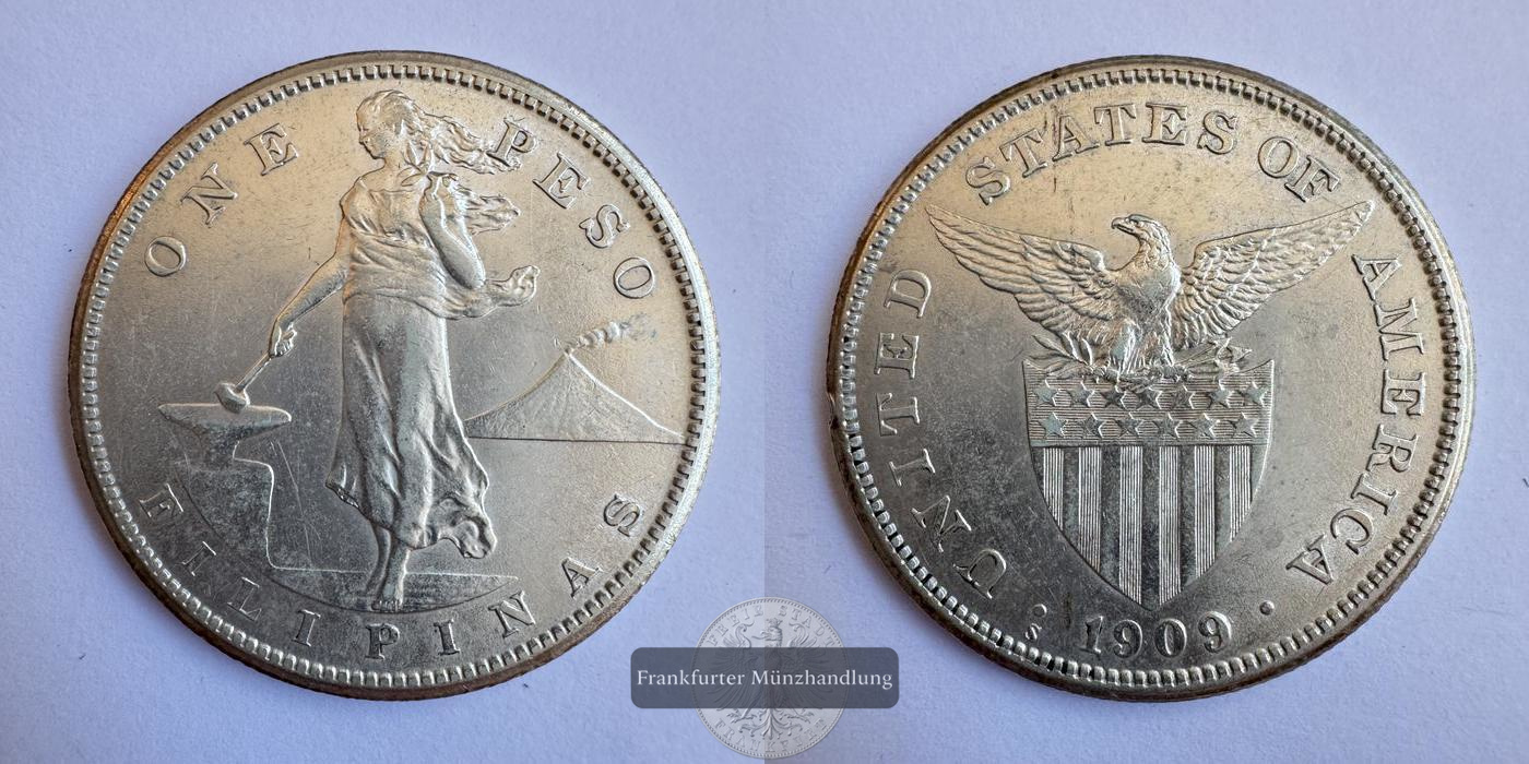  Philippinen / 1 Peso (Small type) 1909 (1907-1912) FM-Frankfurt KM#172 Feinsilber: 16g   