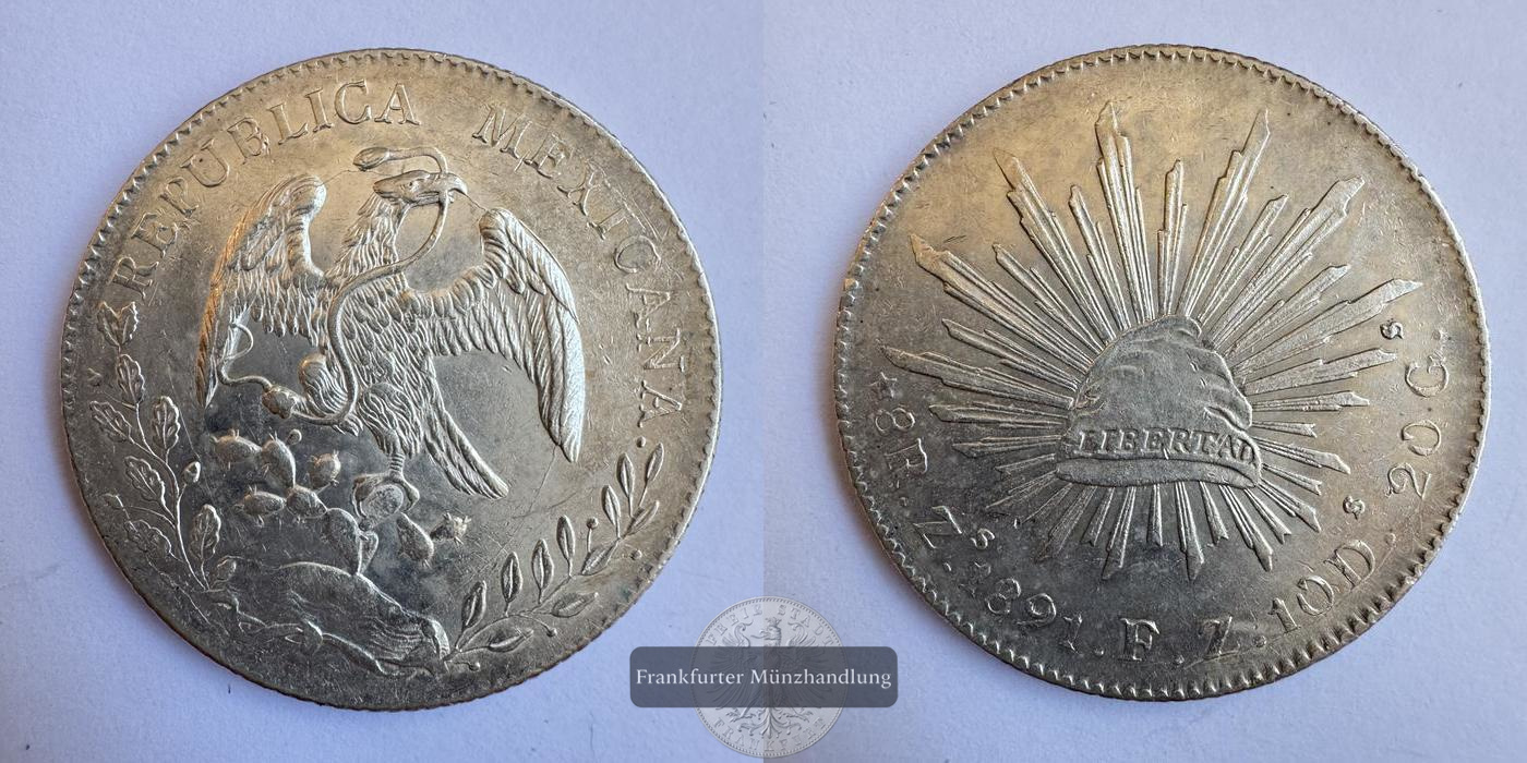  Mexiko / 8 Reales 1891 (1824-1897) 'Zs' FM-Frankfurt KM#377 Feinsilber: 24,44g   