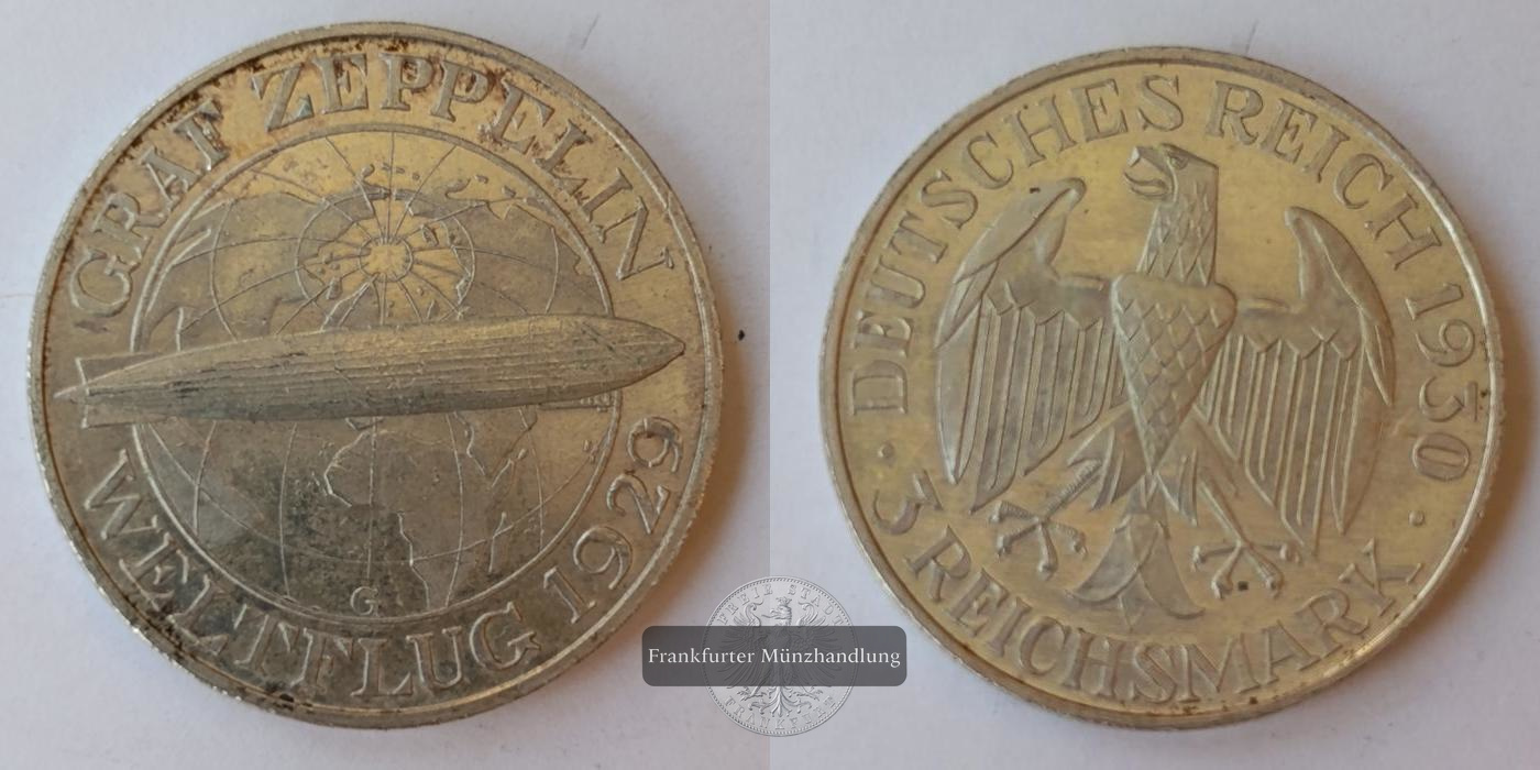  Dt. Reich 3 Reichsmark (Graf Zeppelin) 1929 FM-Frankfurt KM#67 Feinsilber: 15g   