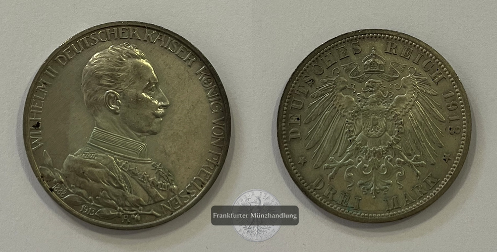  Dt. Kaiserreich. 3 Mark Wilhelm II Preußen 1913 Uniform A FM-Frankfurt KM#535 Feinsilber: 15g   