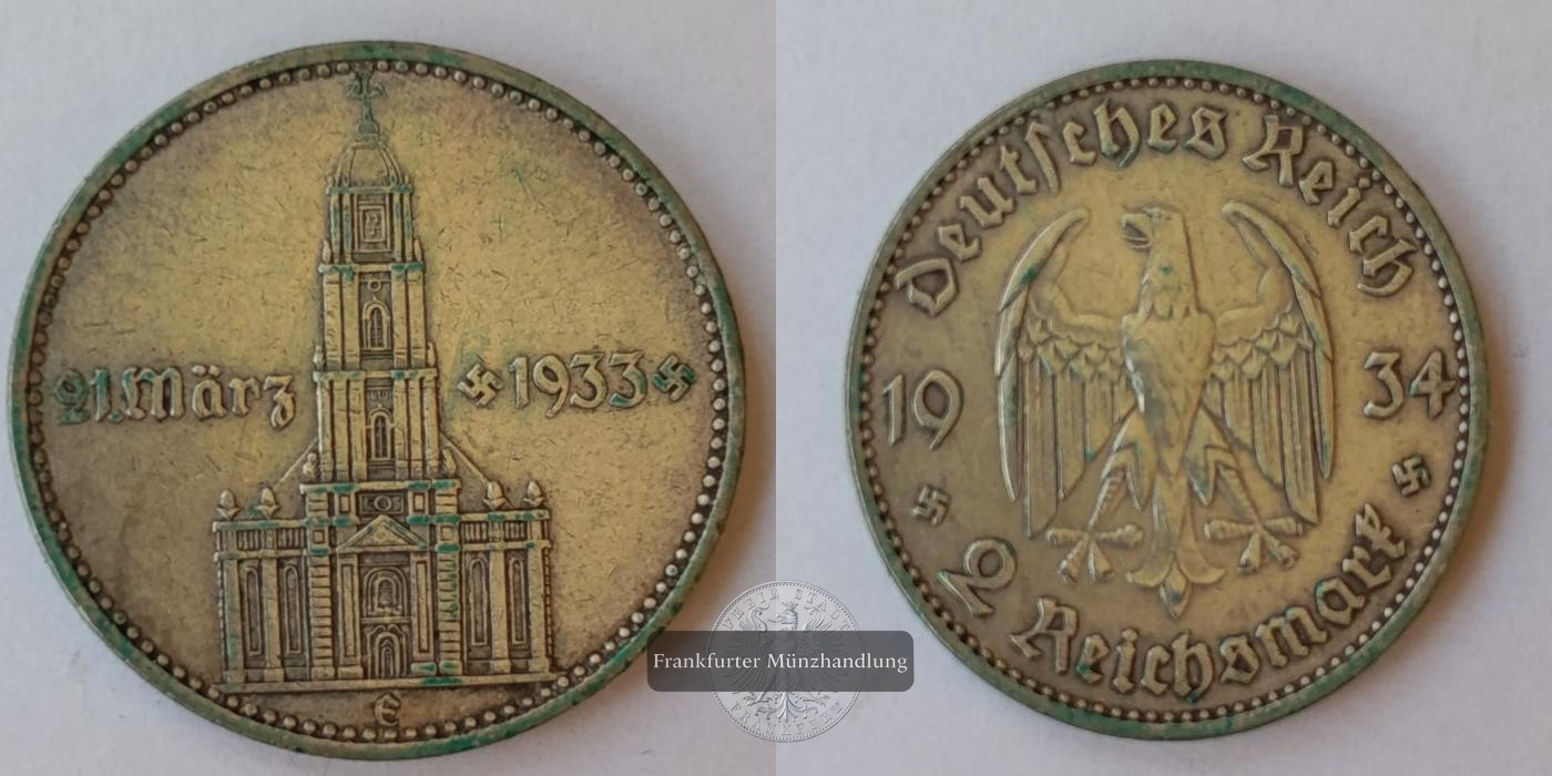 Dt. Reich 2 Reichsmark 1934 F Garnisonkirche Potsdam FM-Frankfurt KM#81 Feinsilber: 4g   