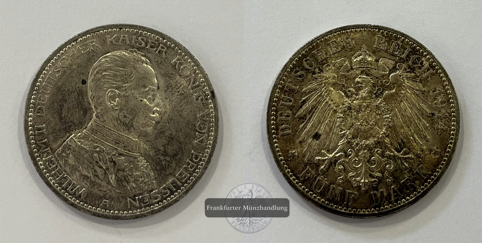  Deutsches Kaiserreich Preussen 5 Mark 1914 A  Wilhelm II. Uniform FM-Frankfurt Feinsilber: 25g   