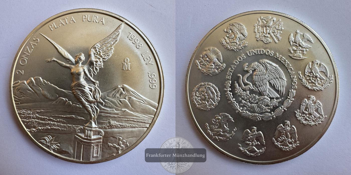 Mexiko / 2 Onzas Libertad 1998 (1996-2025) FM-Frankfurt KM#614 Feinsilber: 62,2g   