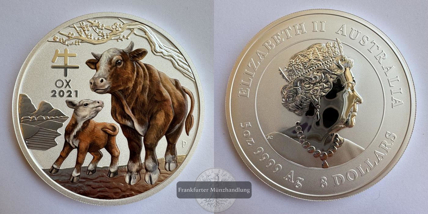  Australien / 8 Dollar 2021 Jahr des Ochsen/Ox (Coloured) FM-Frankfurt Feinsilber: 155,5g   