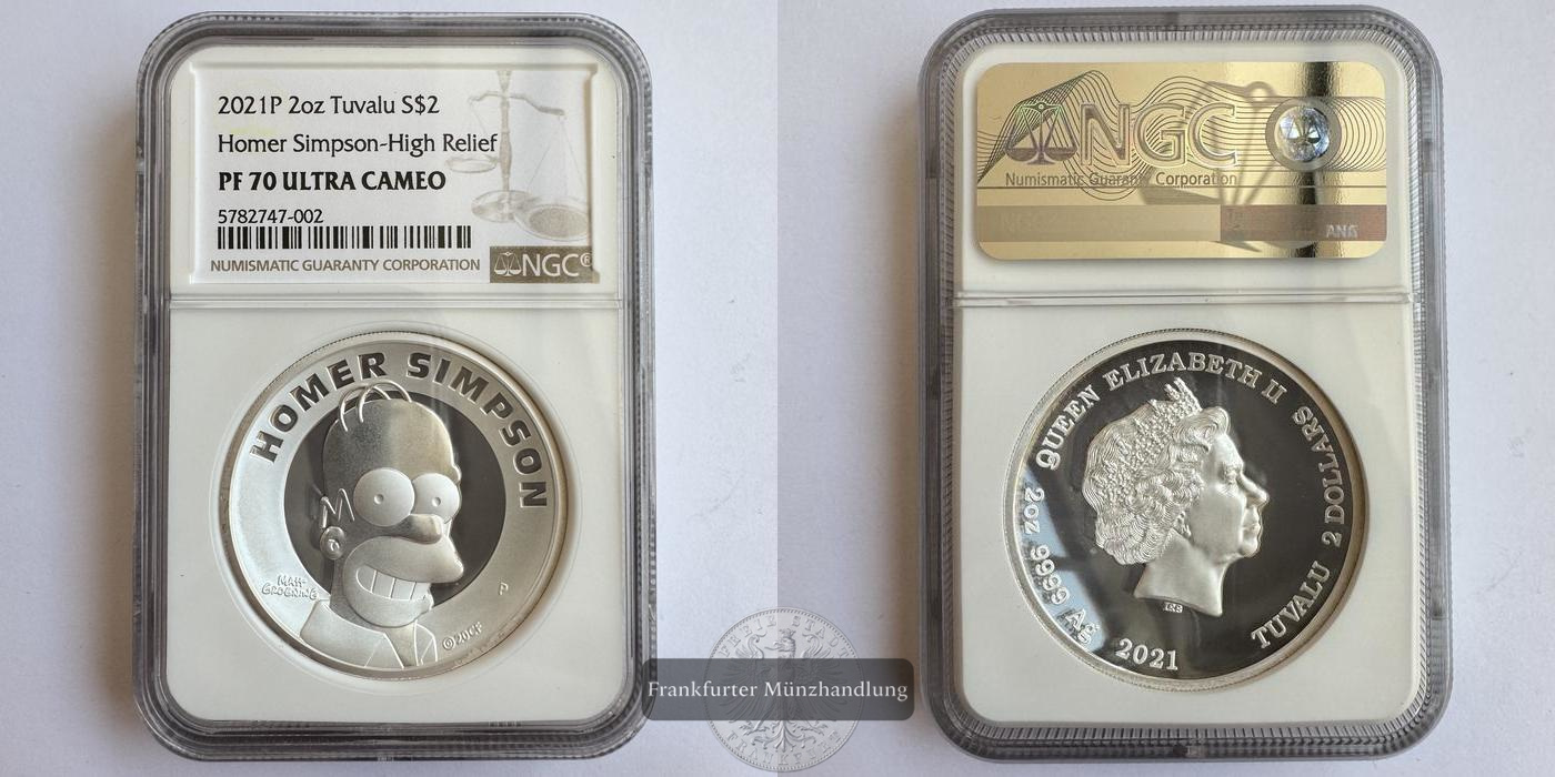 Tuvalu / 2 Dollars Elizabeth II (Homer Simpson) 2021 NGC Graded PF 70 FM-Frankfurt Feinsilber: 62,2g   