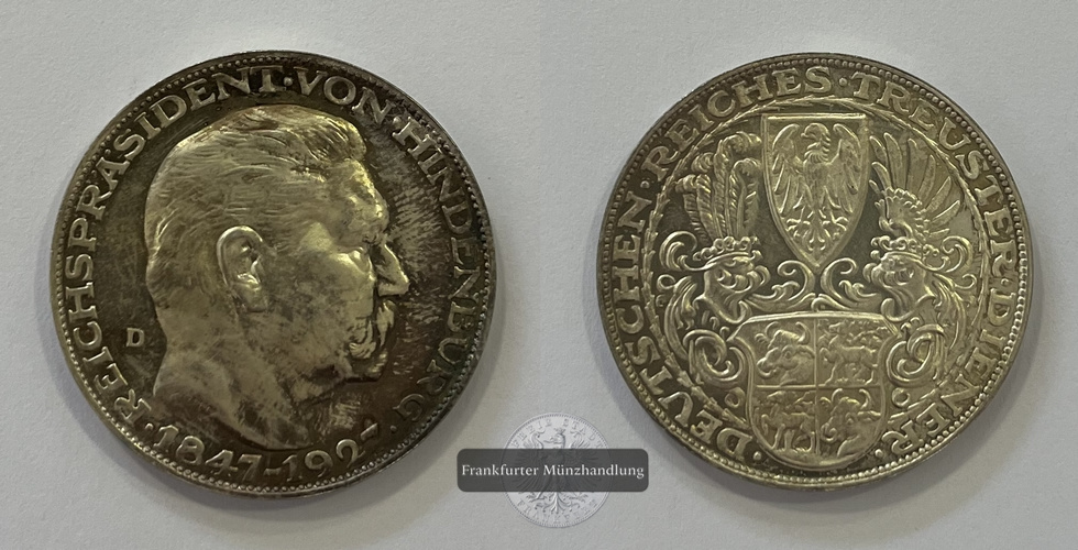  Weimarer Republik Probe-5-Reichsmark (Paul von Hindenburg) 1927 D FM-Frankfurt Feinsilber: 22,18g   