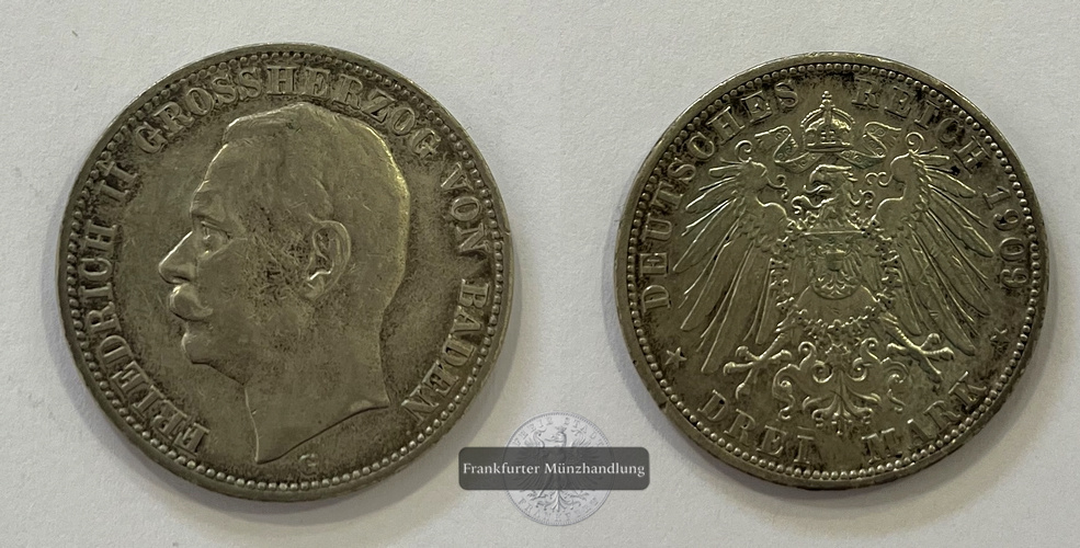  Dt. Kaiserreich Baden 3 Mark 1909 G Friedrich II. FM-Frankfurt KM#280 Feinsilber: 15g   