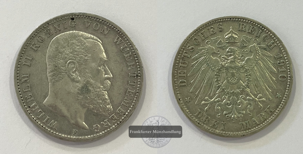  Dt. Kaiserreich Württemberg 3 Mark 1910 Wilhelm II F FM-Frankfurt KM#635 Feinsilber: 15g   