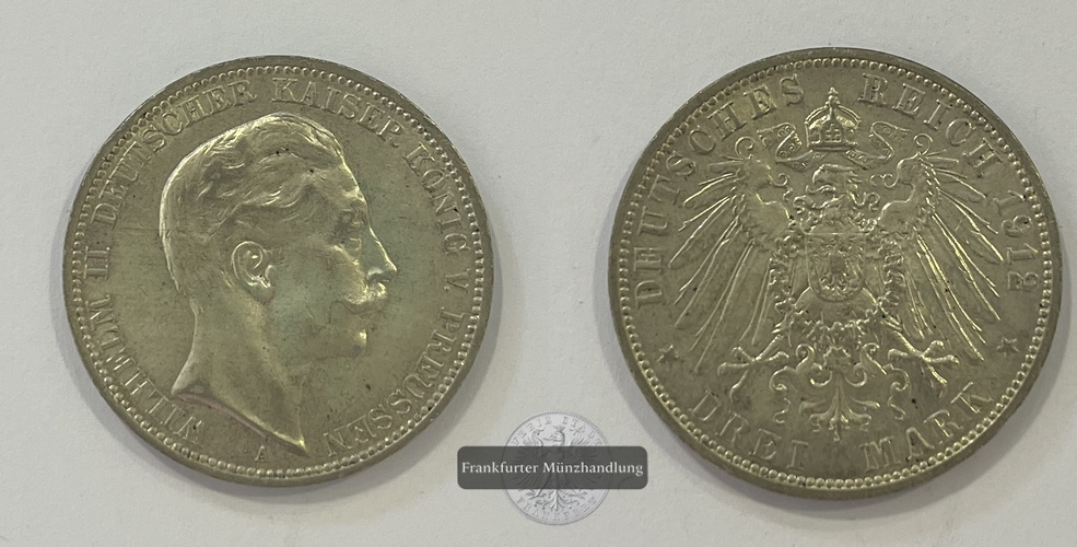  Dt. Kaiserreich, Preussen 3 Mark 1912 'A' Wilhelm II FM-Frankfurt KM#527 Feinsilber: 15g   
