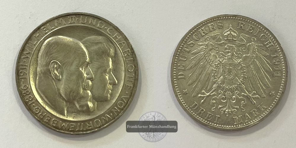  Dt. Kaiserreich Wilhelm II & Charlotte 3 Mark 1911 F Hochzeit KM#636  FM-Frankfurt Feinsilber: 15g   