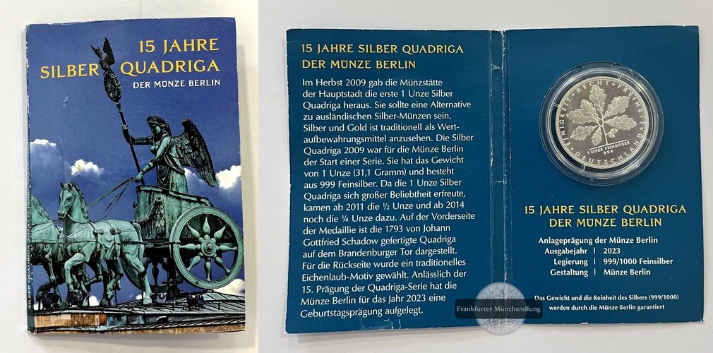  Deutschland Silbermedaille Silber Quadriga 2023 FM-Frankfurt  Feinsilber: 31,1g   